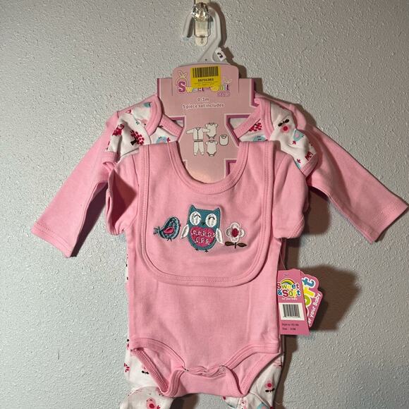 NWT Sweet & Soft Pink & White Owl 5 Piece Layette Set 0-3 Months - Picture 1 of 16